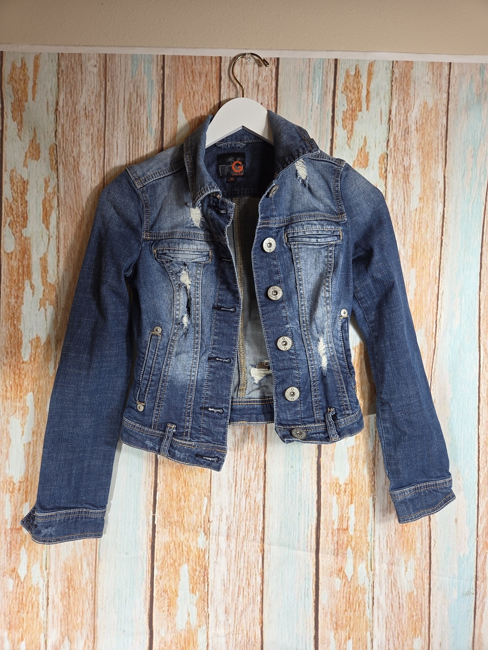 G by GUESS Women's Distressed Cropped Denim Jacket Dark Wash Size XS Y2K Jean